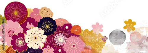和柄の華やかな花々が右下から左上にかけて広がる、お祝い事や装飾に最適なベクターデザイン。