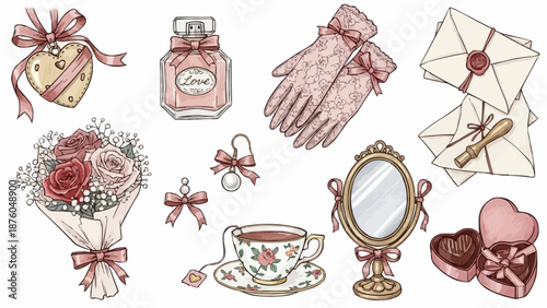 Vintage Feminine Objects Collection Romantic Theme.
