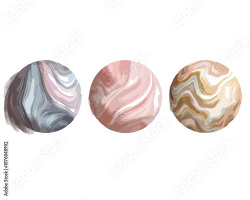 抽象的なマーブル模様の3つの球体、ミニマルなデザイン、ベクターイラスト、背景透過