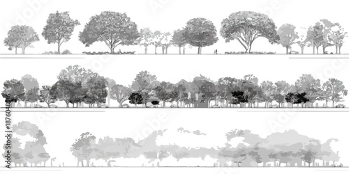 様々な種類の木々が描かれたベクターイラスト、景観デザインや建築パースの素材として活用可能