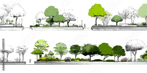 緑豊かな街並みと公園の景観デザイン、都市計画や建築パースに最適なベクターイラスト
