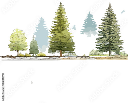 水彩画風の木々が並ぶ、自然豊かな風景のベクターイラスト。森の多様性を表現。