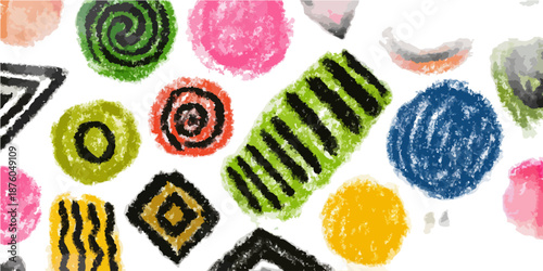 クレヨンで描かれたカラフルで抽象的な形状のベクターパターン。子供の絵のような手描きのデザイン。