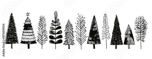 手描きのクリスマスツリーのベクターイラスト、様々なデザインの冬の木々が並んでいます。