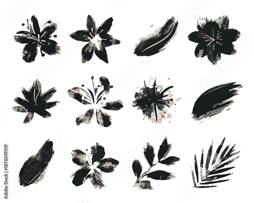 水彩風の黒い花と葉っぱのベクターイラスト素材集、デザイン要素として使いやすい