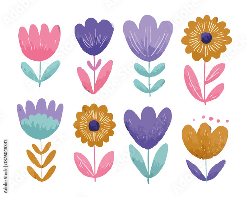 カラフルで可愛らしい手描きの花々のイラストセット。ベクター素材。