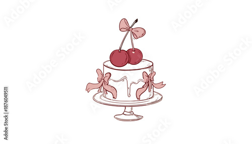 可愛らしいリボンとチェリーが飾られた、シンプルなベクターケーキのイラストレーション