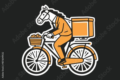 Cartoon horse-headed figure riding delivery bicycle with oranges and box on black background.