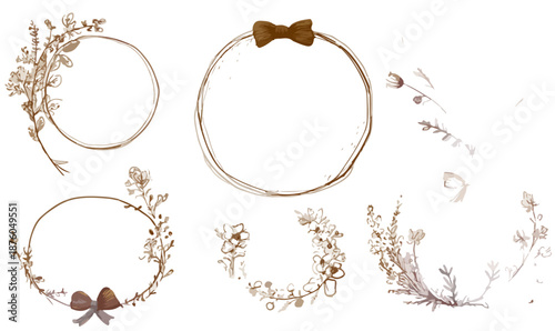 手描きの水彩風の植物とリボンがあしらわれた、エレガントな円形フレームのセット。ウェディングやグリーティングカードに最適。