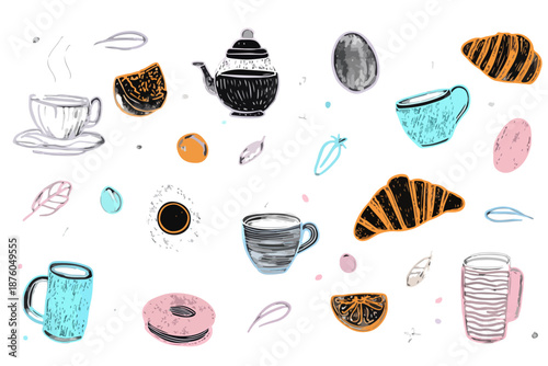 朝食のベクターイラスト：コーヒーカップ、クロワッサン、ドーナツ、ティーポット、オレンジ、葉のセット