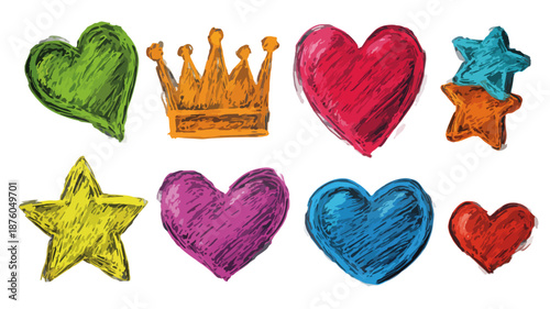カラフルな手描きのハート、星、王冠のベクターイラストセット。子供の絵のようなタッチ。