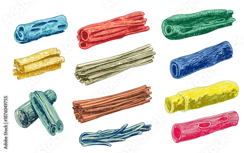 様々な色と形の木製のおもちゃのコレクション、ペットの噛むおもちゃ、鳥のケージアクセサリー、自然素材