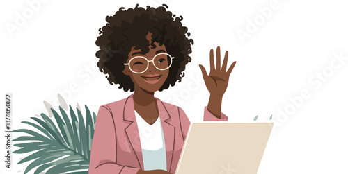 笑顔で手を振るメガネをかけた黒人女性がノートパソコンの前に座り、観客に挨拶しているベクターイラスト。