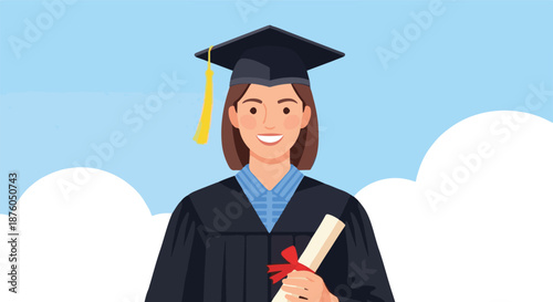A smiling young woman in a graduation cap and gown holds a diploma, celebrating her academic achievement