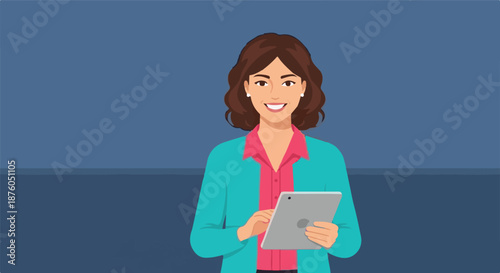 A cheerful professional woman with a warm smile actively engaging with a sleek digital tablet, representing modern communication and productivity