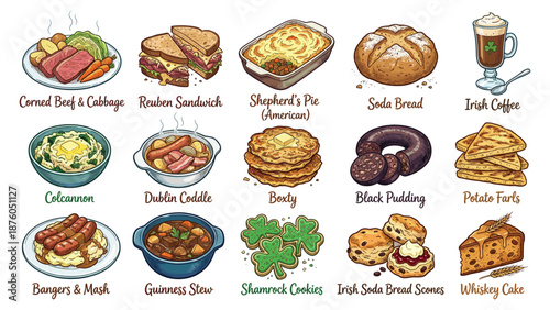 Assorted traditional Irish dishes and drinks beautifully arranged on a white background, showcasing various culinary delights from Ireland in a vibrant flat illustration style.