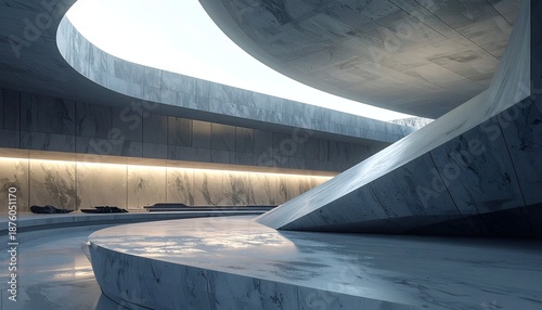 Modern marble interior with curved architecture and open sky