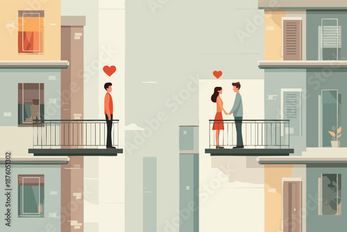 Valentines Day Romantic Couple on Balcony Illustration Showing Love Story with Music and Emotional Connection in Cute Cartoon Vector Style