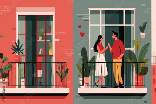 Valentines Day Romantic Couple on Balcony Illustration Showing Love Story with Music and Emotional Connection in Cute Cartoon Vector Style