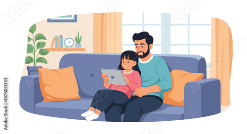 Happy father and daughter spending quality time together on the sofa at home, enjoying a tablet for learning or entertainment, illustrating modern family bonding