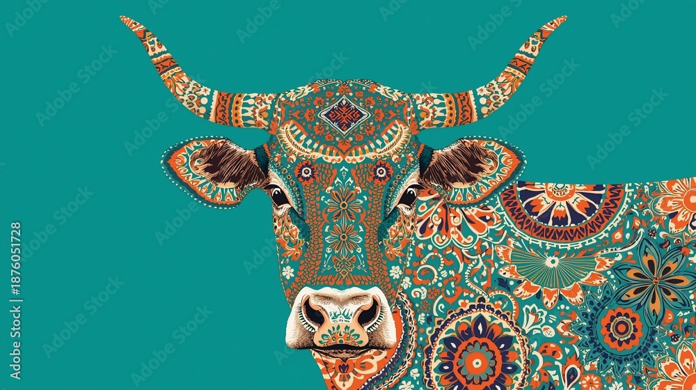 Naklejka premium Colorful Decorative Cow Portrait on Turquoise Background