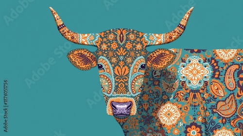 Colorful Decorative Cow Portrait on Turquoise Background