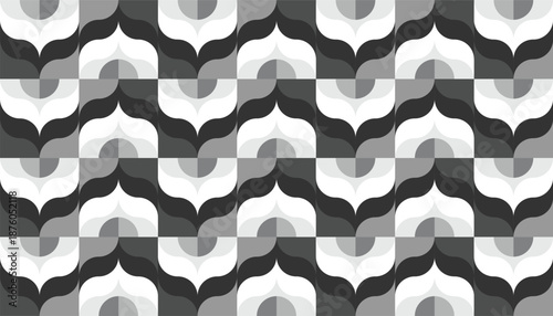 Seamless black and white abstract geometric pattern with repeating curved shapes. Modern decorative background