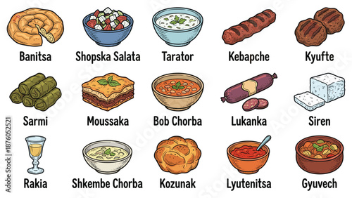 Assorted traditional dishes and drinks displayed on a table, showcasing various culinary delights from a specific cultural heritage