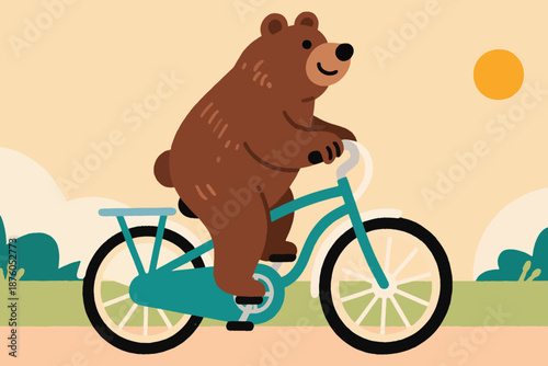 Cartoon brown bear riding teal bicycle on sunny outdoor path with yellow sun and green bushes.