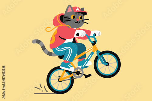 Cartoon cat doing wheelie on bicycle with red hoodie, blue pants, red cap, and yellow backpack.