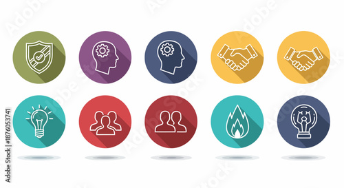 Set of colorful round icons representing teamwork and collaboration concepts.