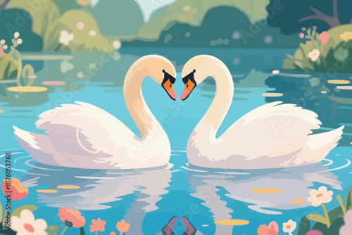 Two white swans forming heart shape with necks on peaceful lake surrounded by flowers and greenery.