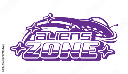 Space aliens zone and galaxy retro Y2K icon or badge. Universe research vintage vector element, space travel Y2K sign. Cosmos exploration icon with UFO flying saucer spaceship, stars and typography
