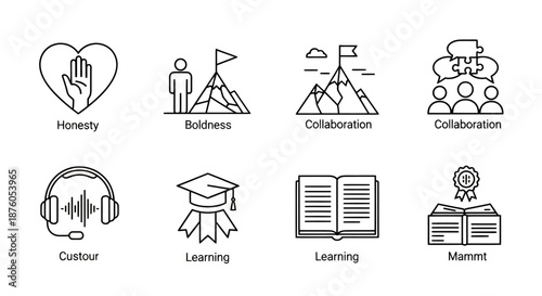 Set of black and white line icons representing honesty, boldness, collaboration, culture, learning, and moment concepts.