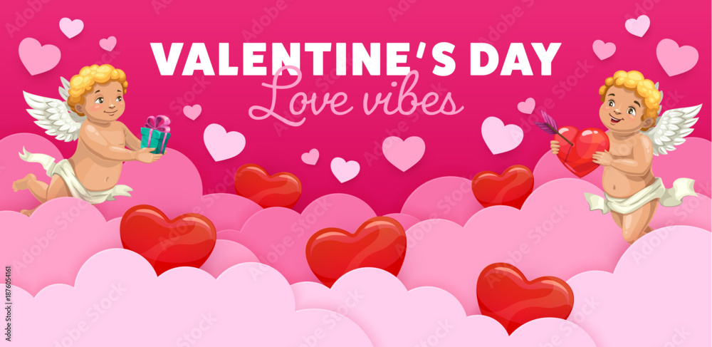 Obraz premium Paper cut pink sky clouds with Valentine day cupids and love hearts, cartoon vector. Valentine day holiday quote love vibes with cheerful cherubs or cupid angels with heart and arrow in sky clouds