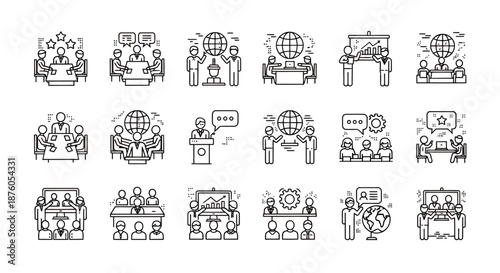 Set of black line icons representing business meetings and teamwork concepts.