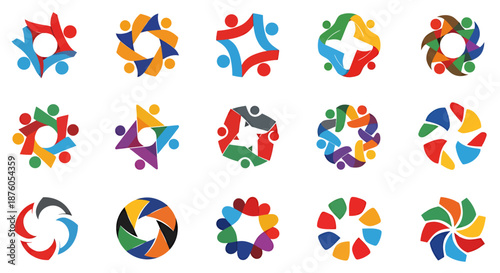 Colorful abstract human figures forming circular teamwork and unity icons.