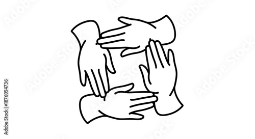 Illustration of four hands forming a square symbolizing unity and cooperation.