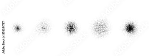 Round grain brush stroke set. Circle stippled noise gradient collection. Radial dusty sand elements. Dotted splatter overlay spots. Grunge sprinkle dotted spray texture. Vector gritty splashed piles