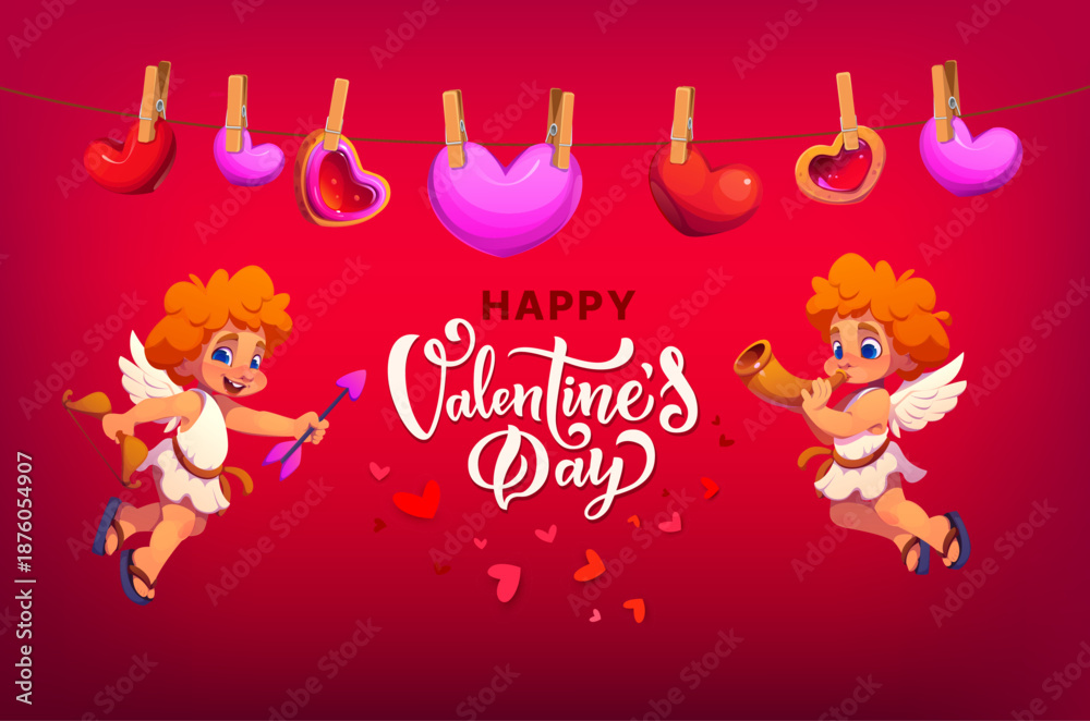 Fototapeta premium Happy Valentine day greeting card with cherubs and hearts hanging on clothesline. Vector holiday banner with cheerful flying cupid characters and heart shaped decorations celebrating love and romance
