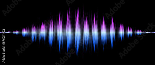 Neon blue purple abstract sound wave element. Dotted music equalizer shape design. Audio radio signal visualization concept. Shining digital voice assistant pattern. Song track sample player. Vector