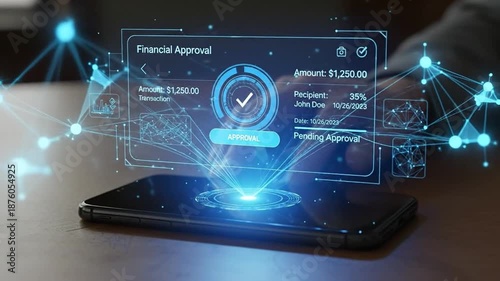 Futuristic financial approval hologram appears from smartphone screen
