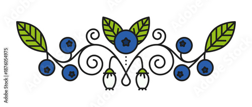 Farm blueberry plant leaves line divider or separator. Farm fruit lineart underline spacer, wild plant thin line vector frame border. Garden blueberry linear separator line or forest berry divider