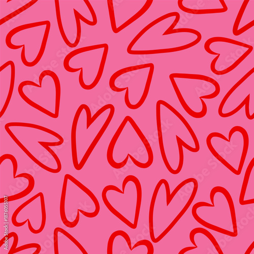 Red love heart seamless pattern illustration. Cute romantic pink hearts background print. Valentine's day holiday backdrop texture