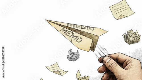 Paper airplane memo flying through air with crumpled paper balls.