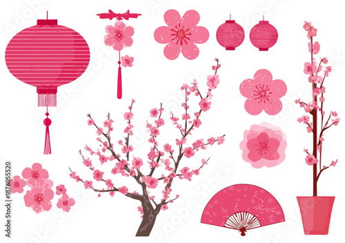 분홍색 벚꽃, 등불, 부채 등 다양한 동양적인 장식 요소들이 투명한 배경에 그려져 있습니다.