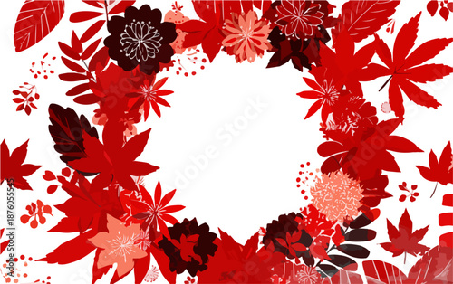 가을 단풍과 꽃잎이 모여 만든 붉은색 테두리 프레임, 투명한 배경에 자연스러운 조화