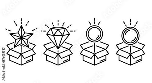 Conceptual icons of innovation and discovery emerging from open boxes.