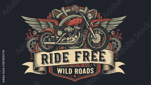 Vintage Motorcycle Emblem with Wings and Banner.