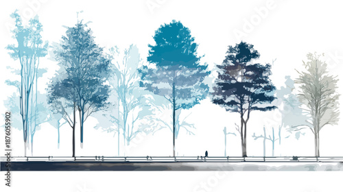 다양한 푸른색조의 나무들이 일렬로 늘어선 풍경, 투명한 느낌의 숲과 공원